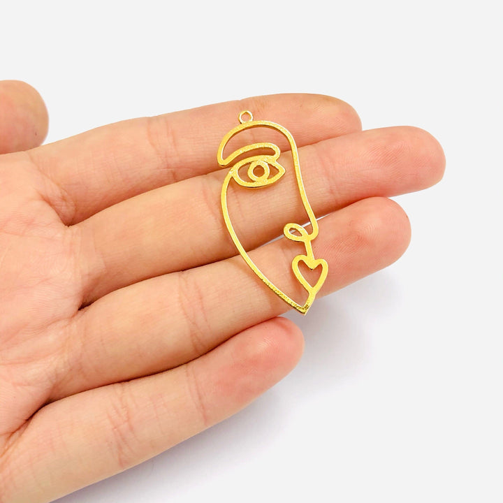 Face Outline 24Kt Gold Plated Brass Charms, Abstract Face Pendants, 2 pcs in a pack