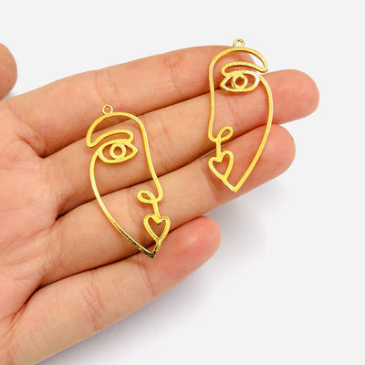 Face Outline 24Kt Gold Plated Brass Charms, Abstract Face Pendants, 2 pcs in a pack