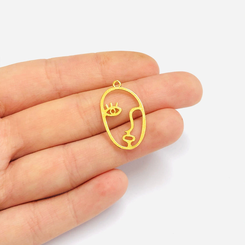 Face Outline 24Kt Gold Plated Brass Charms, Abstract Face Pendants, 2 pcs in a pack
