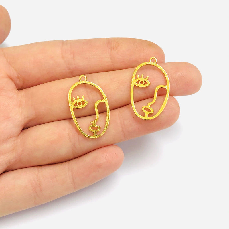 Face Outline 24Kt Gold Plated Brass Charms, Abstract Face Pendants, 2 pcs in a pack