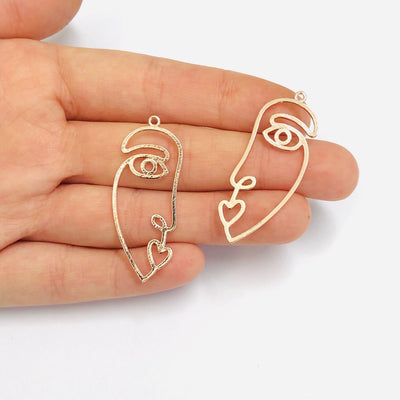 Face Outline Rose Gold Plated Brass Charms, Abstract Face Pendants, 2 pcs in a pack