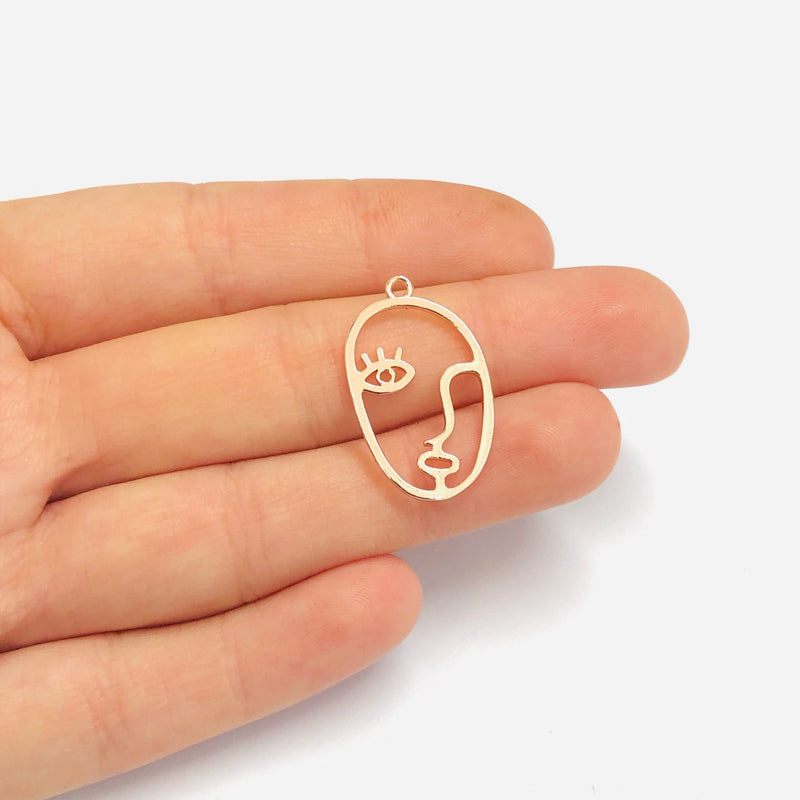Face Outline Rose Gold Plated Brass Charms, Abstract Face Pendants, 2 pcs in a pack