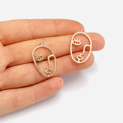 Face Outline Rose Gold Plated Brass Charms, Abstract Face Pendants, 2 pcs in a pack