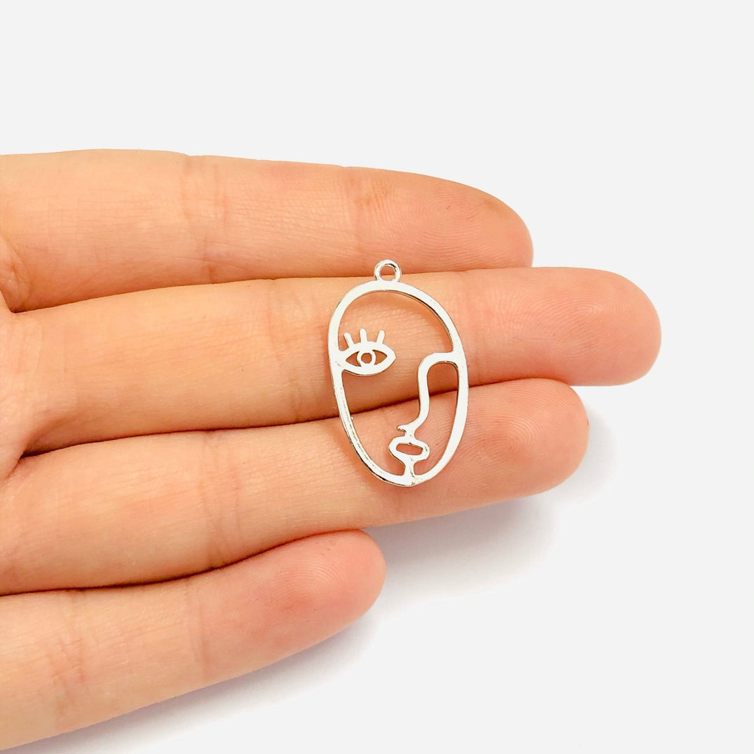 Face Outline Silver Plated Brass Charms, Abstract Face Pendants, 2 pcs in a pack