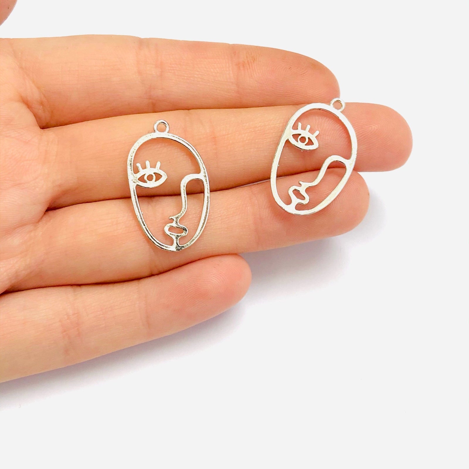 Face Outline Silver Plated Brass Charms, Abstract Face Pendants, 2 pcs in a pack