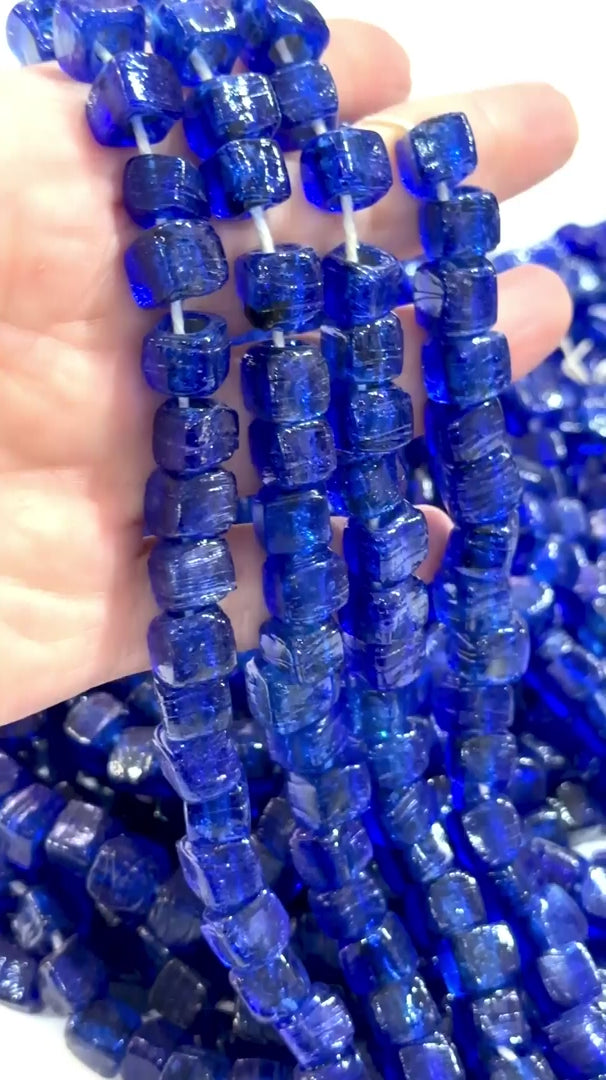 Hand Made Glass Cube Beads, Large Hole Traditional Lampwork Glass Beads, 10 Beads-NAVY