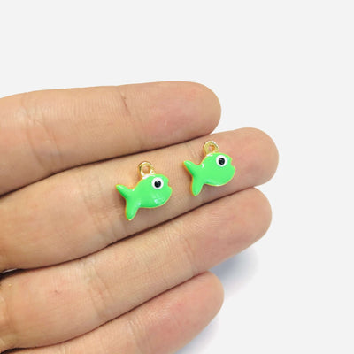24Kt Gold Plated Enamelled Neon Green Fish Charms, 2 pcs in a Pack