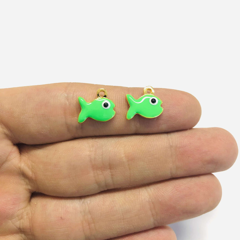 24Kt Gold Plated Enamelled Neon Green Fish Charms, 2 pcs in a Pack