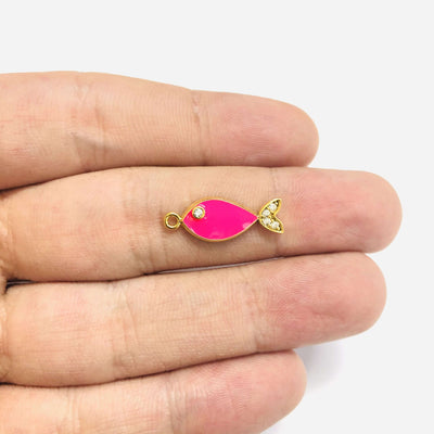 24Kt Gold Plated Clear Zirconia Pave Neon Pink Enamelled Fish Charm