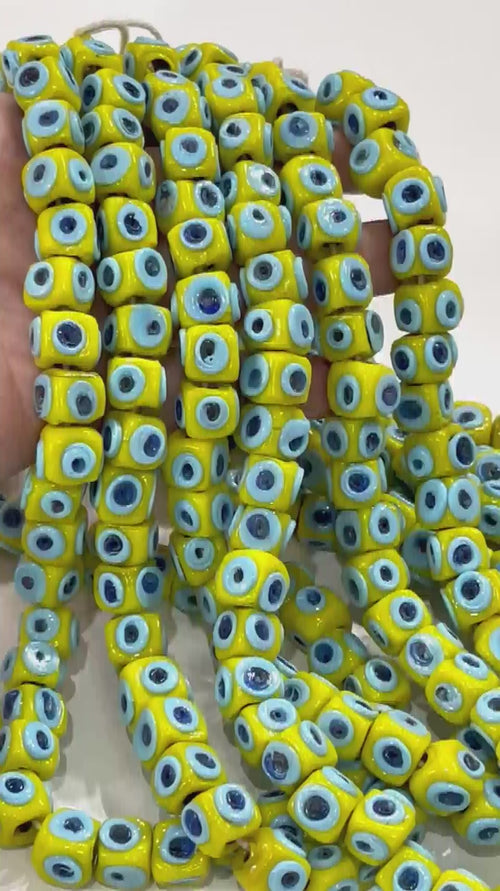 Traditional Turkish Artisan Handmade Cube Four Sided Evil Eye Glass Beads, Large Hole Glass Beads, 5 Beads in a pack