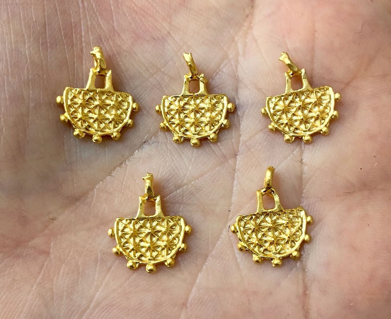 24Kt Matte Gold Plated Hittite Sun Disk Charms, 5 pieces in a pack