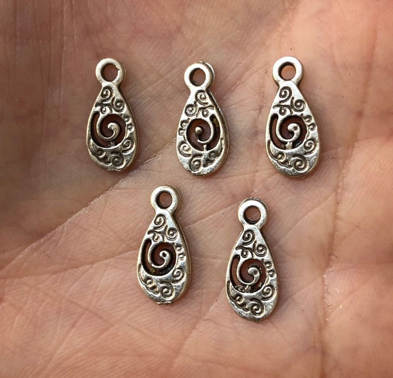 Antique Silver Plated Drop Charms, 1cm, Silver Plated Drop Charms, 10 pieces in a pack