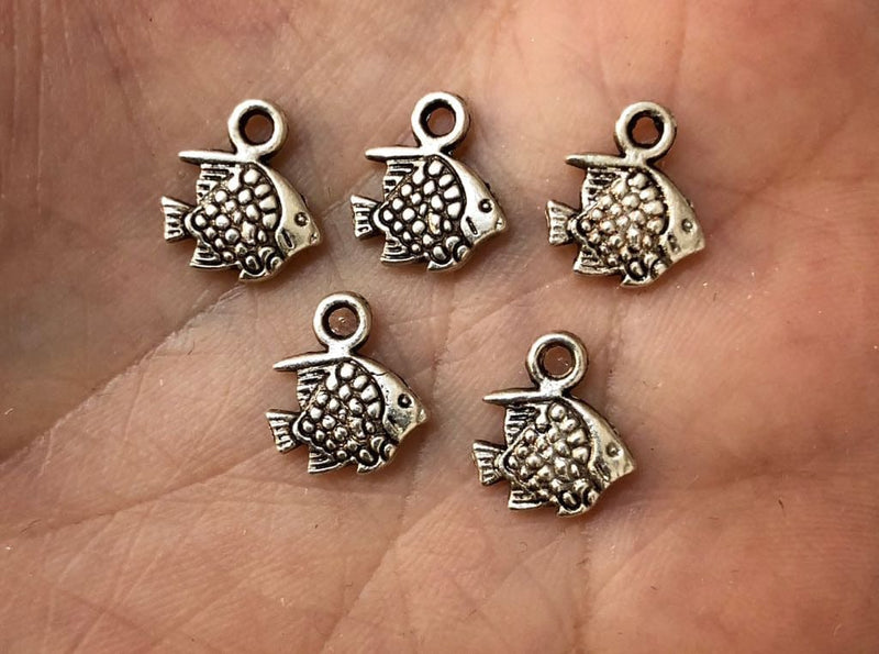 Antique Silver Plated Tiny Fish Charms, 10 pieces in a pack