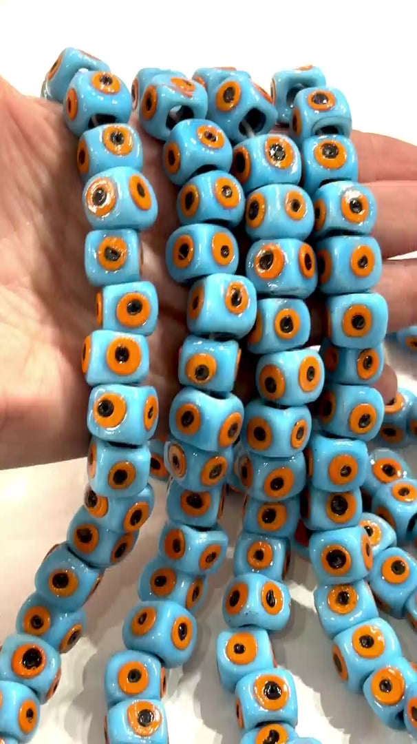 Traditional Turkish Artisan Handmade Cube Four Sided Evil Eye Glass Beads, Large Hole Glass Beads, 5 Beads in a pack