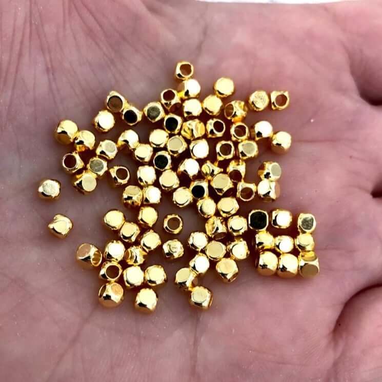 3mm 24Kt Gold Plated Spacer Cubes, 3mm Gold Spacer Beads,50 Pieces in a pack