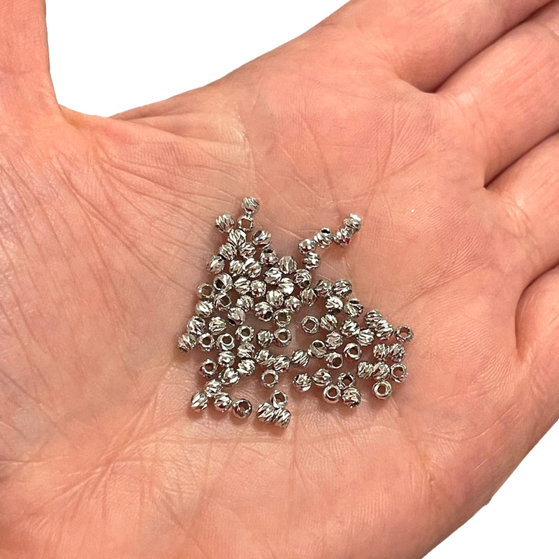 Rhodinierte, lasergeschnittene 3-mm-Abstandsperlen, Rhodinierte 3-mm-Dorica-Abstandsperlen, 50 Perlen in einer Packung