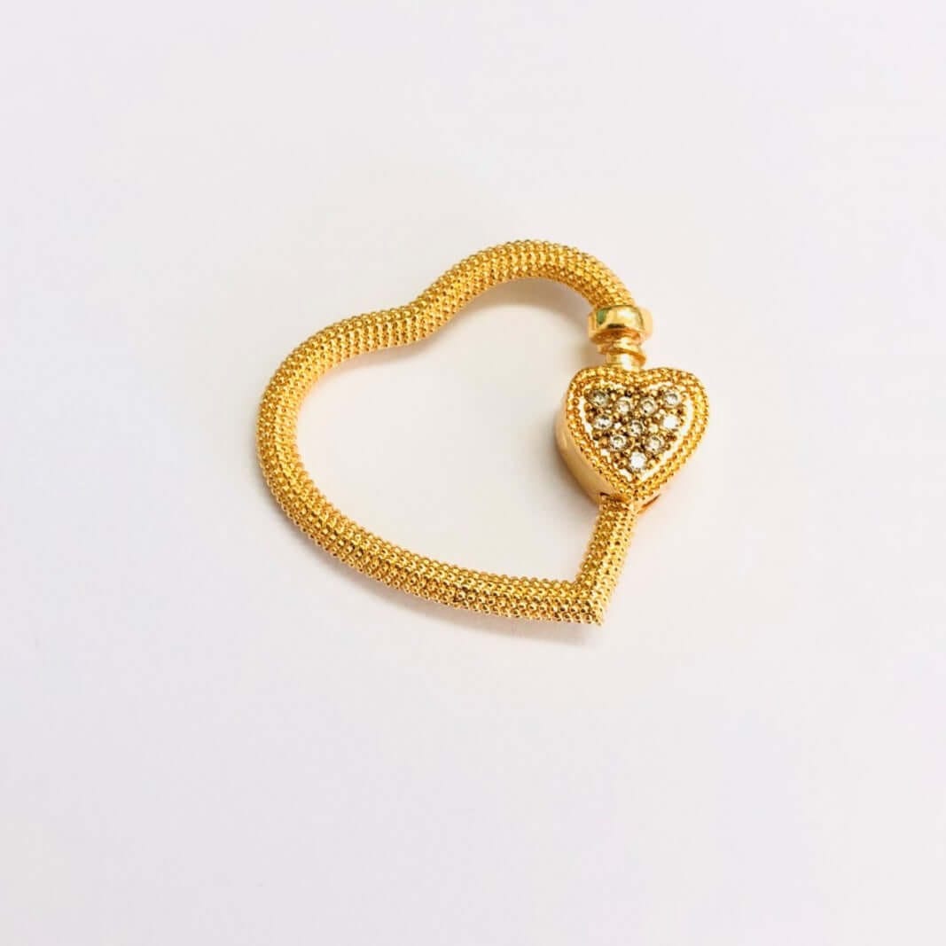 24Kt Gold Plated Brass Heart Screw Clasp, Micro Pave Heart Screw Clasp