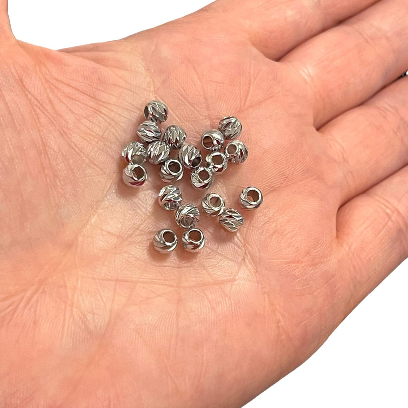 Rhodinierte, lasergeschnittene 5-mm-Abstandsperlen, Rhodinierte 5-mm-Dorica-Abstandsperlen, 100 Perlen in einer Packung
