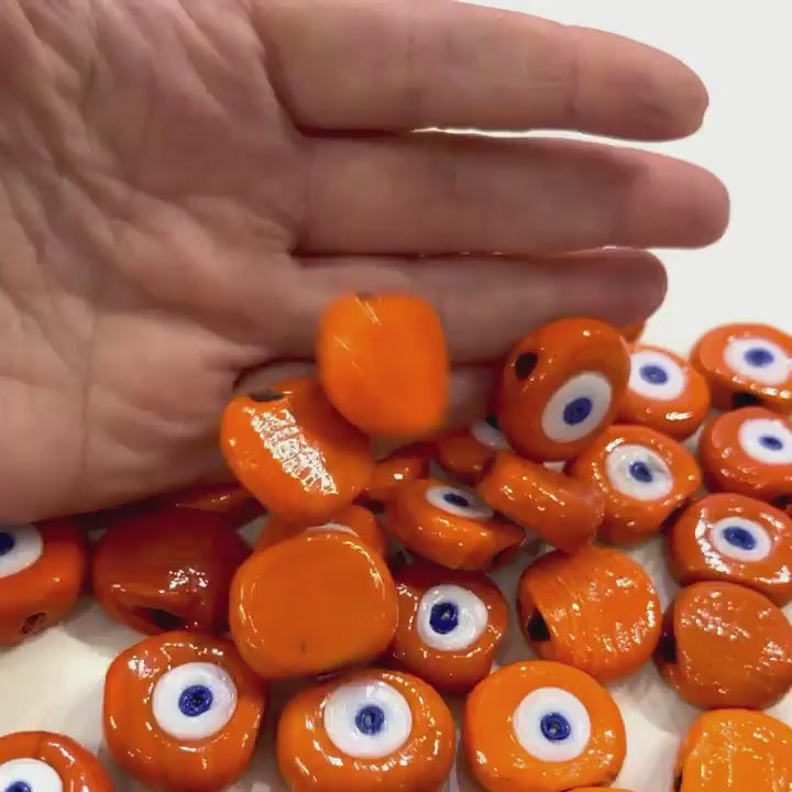Traditional Turkish Artisan Handmade Glass Orange Evil Eye Beads, Large Hole Evil Eye Glass Beads, 10 Beads per pack