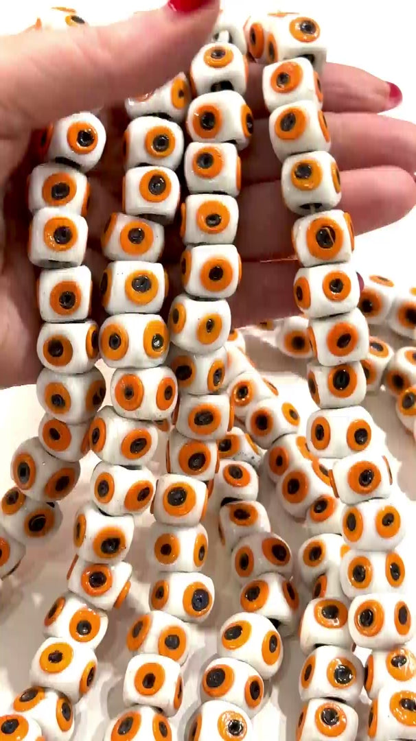 Traditional Turkish Artisan Handmade Cube Four Sided Evil Eye Glass Beads, Large Hole Glass Beads, 5 Beads in a pack