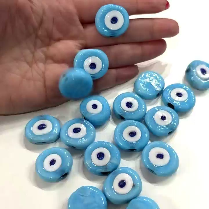 Traditional Turkish Artisan Handmade Glass Blue Evil Eye Beads, Large Hole Evil Eye Glass Beads, 50 Beads per pack