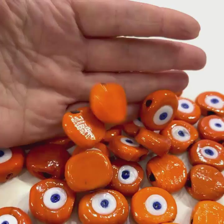 Traditional Turkish Artisan Handmade Glass Orange Evil Eye Beads, Large Hole Evil Eye Glass Beads, 5 Beads per pack