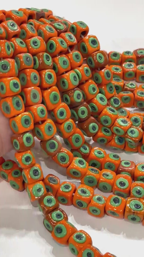 Traditional Turkish Artisan Handmade Cube Four Sided Evil Eye Glass Beads, Large Hole Glass Beads, 5 Beads in a pack