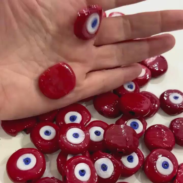Traditional Turkish Artisan Handmade Glass Red Evil Eye Beads, Large Hole Evil Eye Glass Beads, 10 Beads per pack