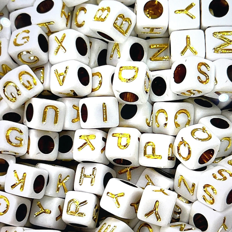 Acrylic cube white with gold letters beads for jewellery making,1000 pcs pack