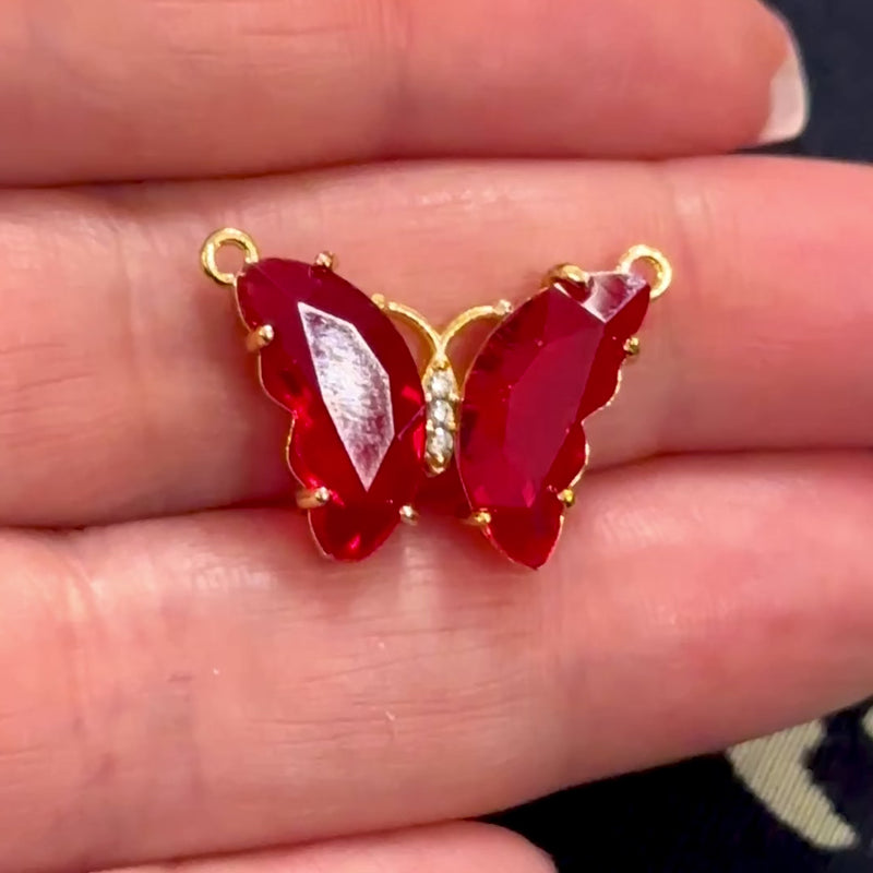 Charm maillon papillon CZ rouge en plaqué or 24 carats
