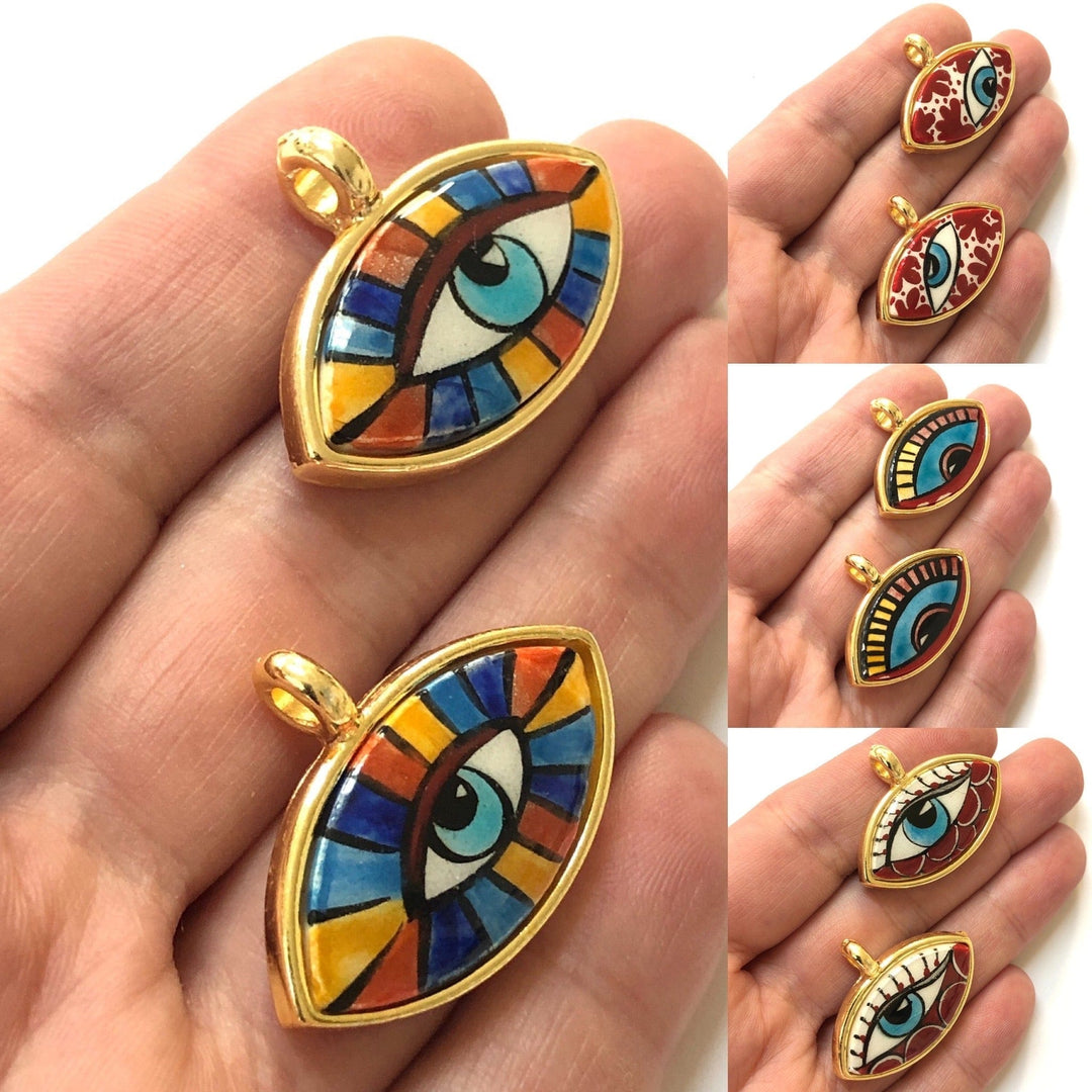 24Kt Gold Plated Hand Made&amp;Paint Ceramic Eye Pendant