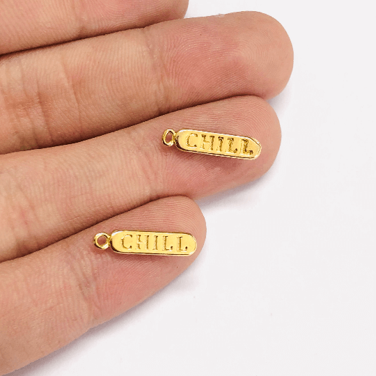 24Kt Shiny Gold Plated Brass Pill Bar Words Pendant, Words Charms, Love, Chill, Hope,Happy, Mom Charms