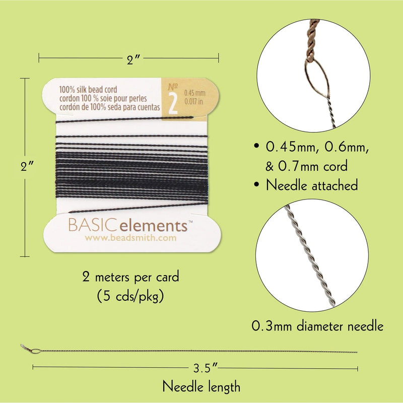 Fil de soie, cordon de perles 100 % soie avec aiguille, lot assorti de 5 x 2 mètres -CHSBKASST