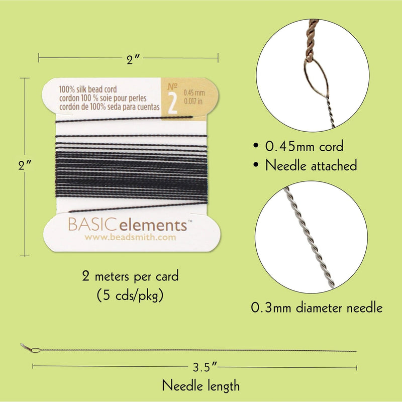Fil de soie, cordon de perles 100 % soie avec aiguille, 2 mètres x 0,45 mm/0,017 po-CHSBK02