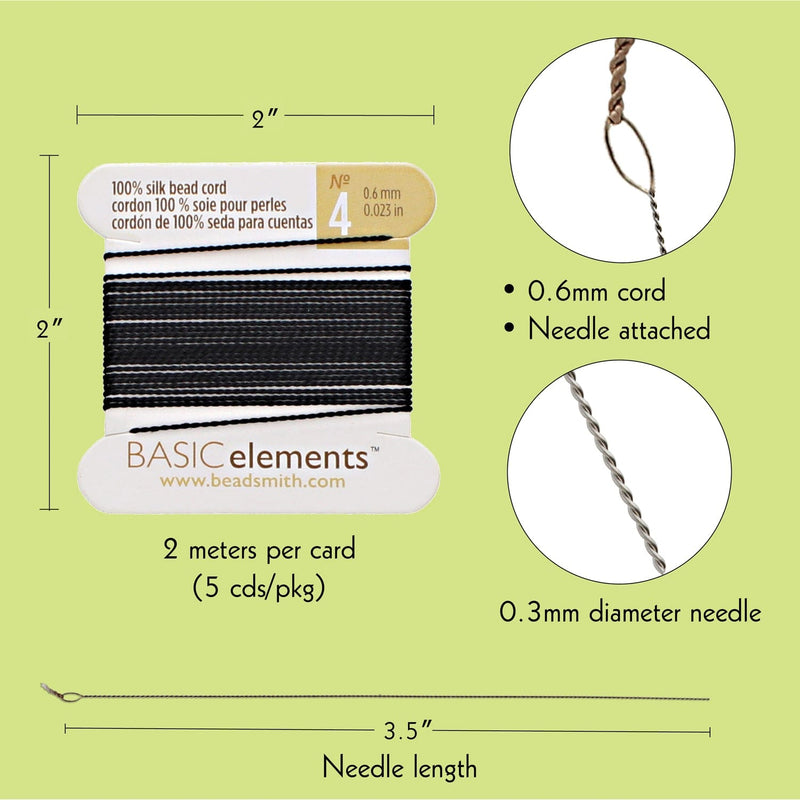Fil de soie, cordon de perles 100 % soie avec aiguille, 2 mètres x 0,6 mm/0,025 po-CHSBK04