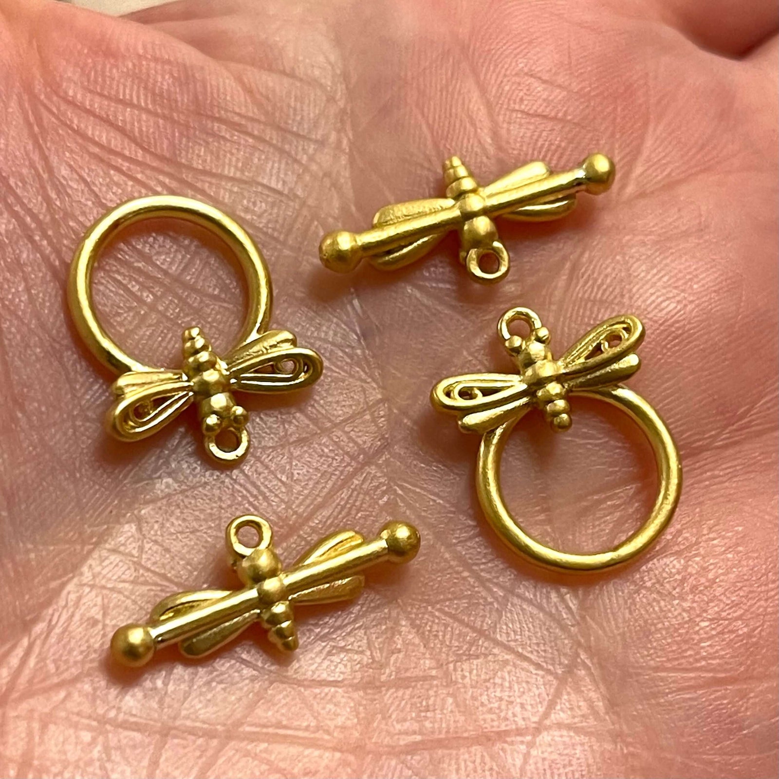 2 Sets 24Kt Matte Gold Plated Dragonfly Toggle Clasps,