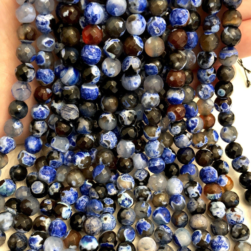 Agate rayée bleu noir à facettes 8mm, 47 perles par rang, Perles, Perles de pierres précieuses, Pierres précieuses naturelles