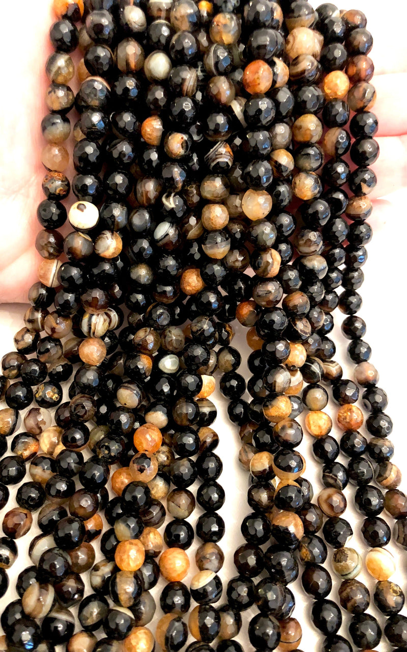 Agate rayée marron noir à facettes 8mm, 47 perles par rang, Perles, Perles de pierres précieuses, Pierres précieuses naturelles