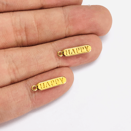 24Kt Shiny Gold Plated Brass Pill Bar Words Pendant, Words Charms, Love, Chill, Hope,Happy, Mom Charms