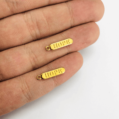 24Kt Shiny Gold Plated Brass Pill Bar Words Pendant, Words Charms, Love, Chill, Hope,Happy, Mom Charms