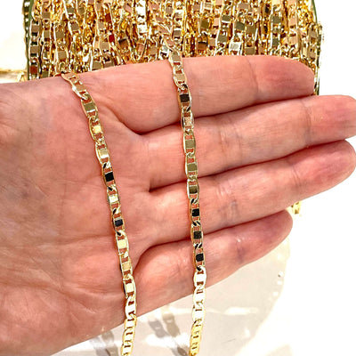 24Kt Shiny Gold Plated Brass 4mm Soldered Flat Mariner Anchor Chain, 3.3 Feet, 1 Meter