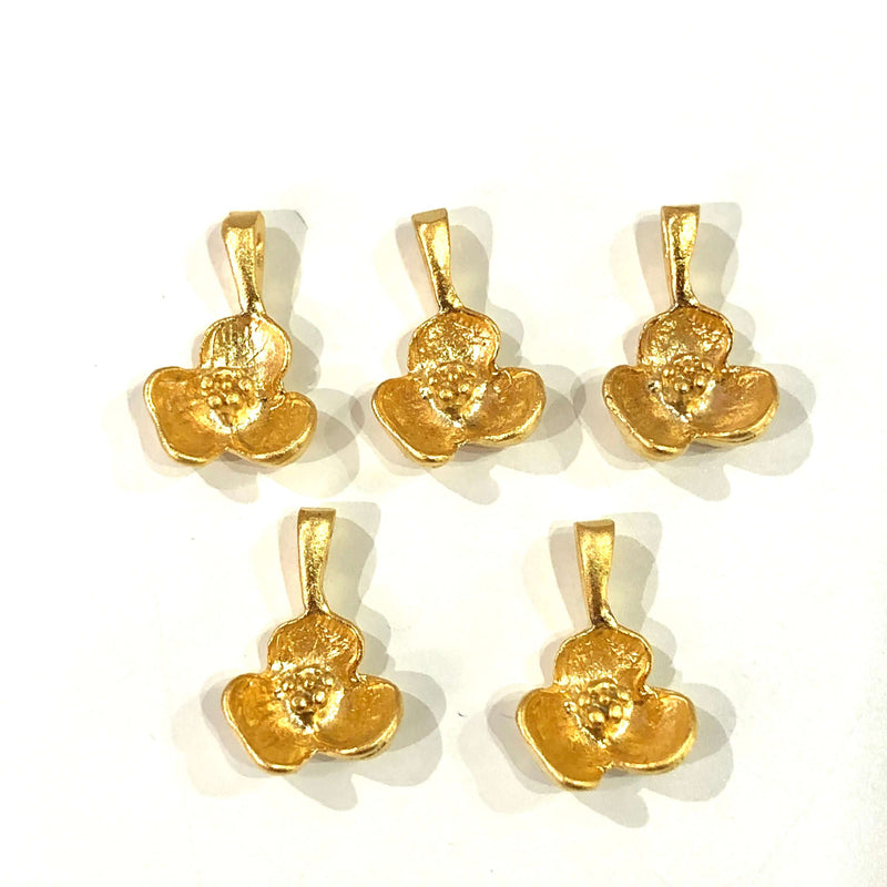 24Kt Matte Gold Plated 14mm Brass Flower Charms,  5 pcs in a pack