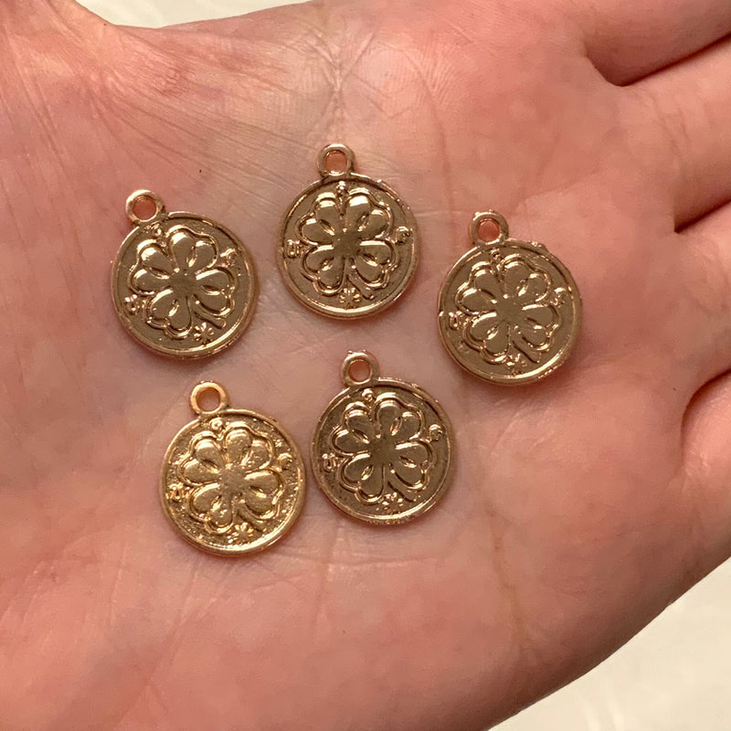Rose Gold Plated Clover Coin Charms, 5 Pcs in a pack