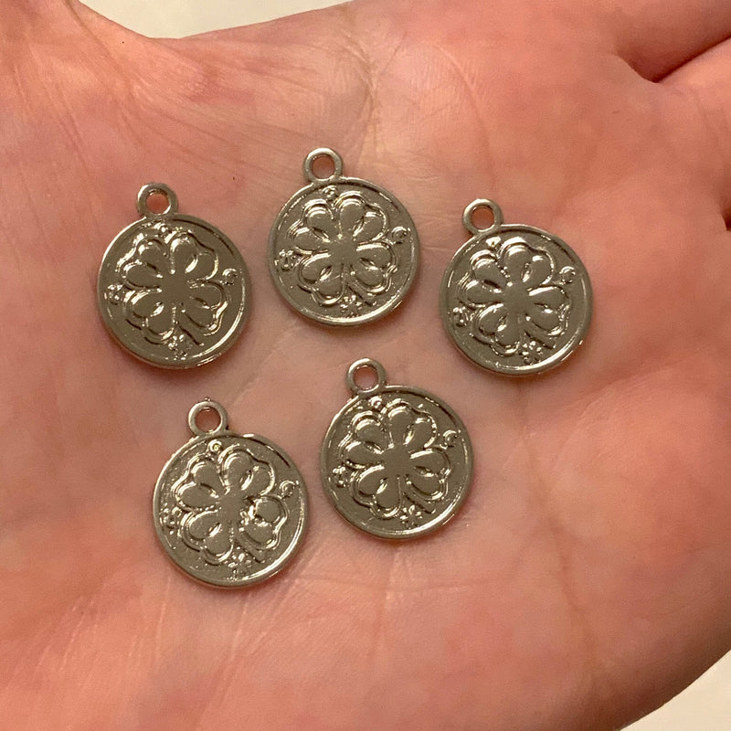 Silver Plated Clover Coin Charms, 5 Pcs in a pack