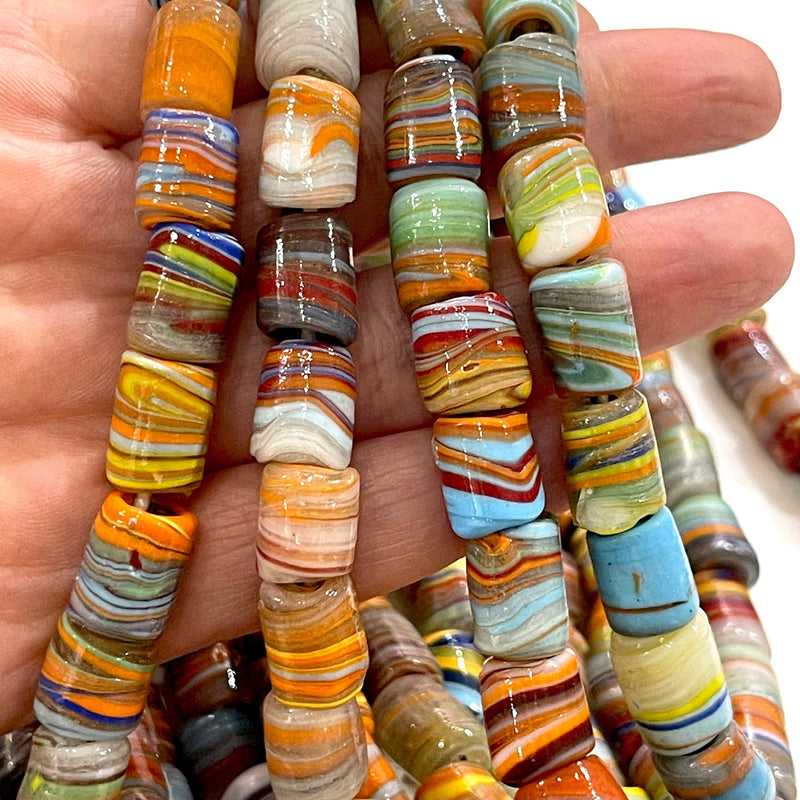 Traditional Turkish Artisan Handmade Cylinder Glass Beads, Large Hole Glass Beads, 10 Beads in a pack