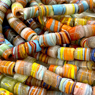 Traditional Turkish Artisan Handmade Cylinder Glass Beads, Large Hole Glass Beads, 10 Beads in a pack