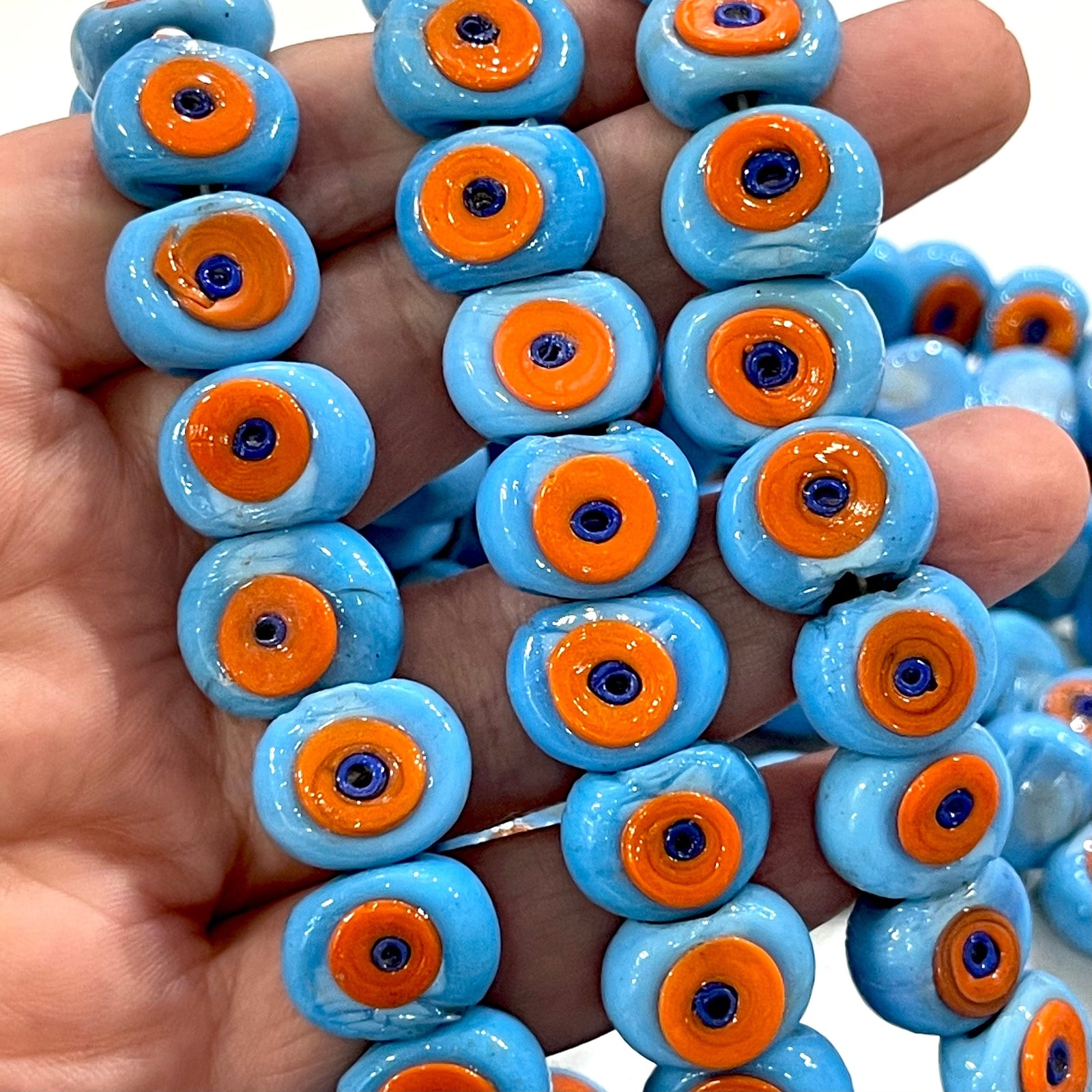 Traditional Turkish Artisan Handmade Glass Evil Eye Beads, Large Hole Evil Eye Glass Beads, 50 Beads per pack