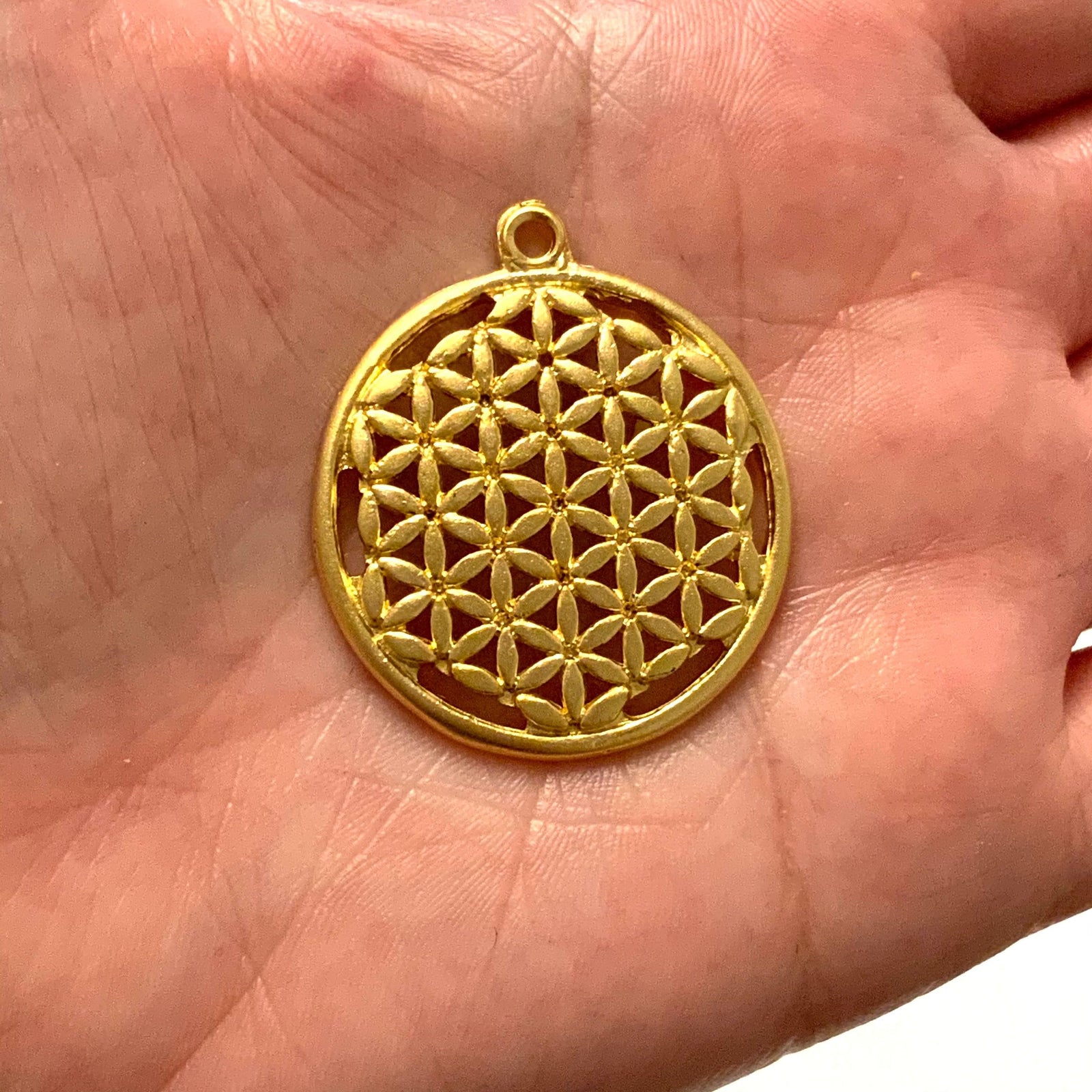 Six-petal rosette 24Kt Matte Gold Plated Large Brass Pendant, 37mm Gold Plated Brass Six-petal rosette Pendant