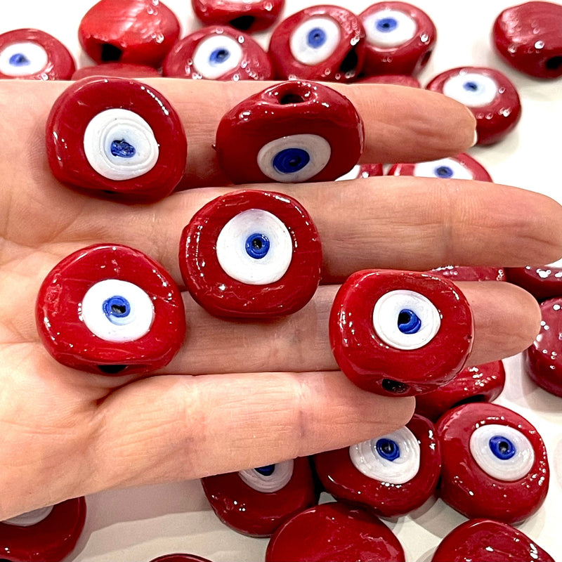 Traditional Turkish Artisan Handmade Glass Red Evil Eye Beads, Large Hole Evil Eye Glass Beads, 25 Beads per pack