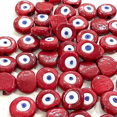 Traditional Turkish Artisan Handmade Glass Red Evil Eye Beads, Large Hole Evil Eye Glass Beads, 50 Beads per pack